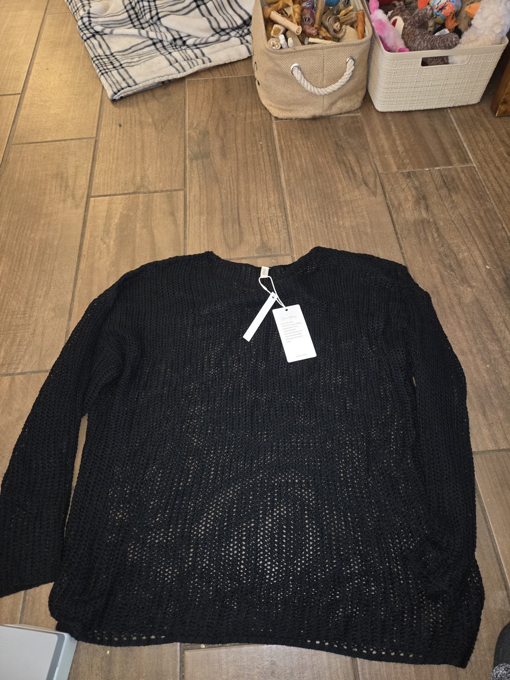 Women's Black Open-Weave Crewneck Sweater